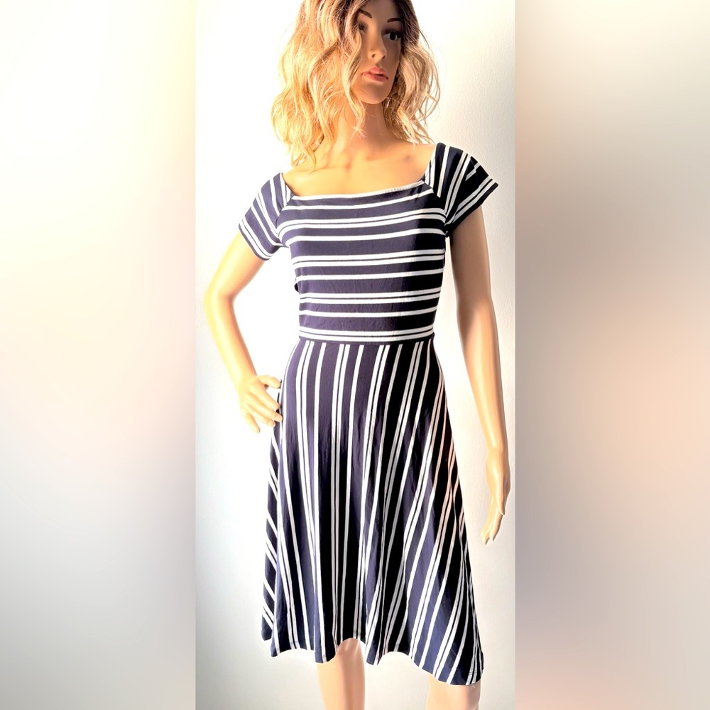 Loft Navy Blue White Stripe Open Criss Cross Back Fit Flare Dress M